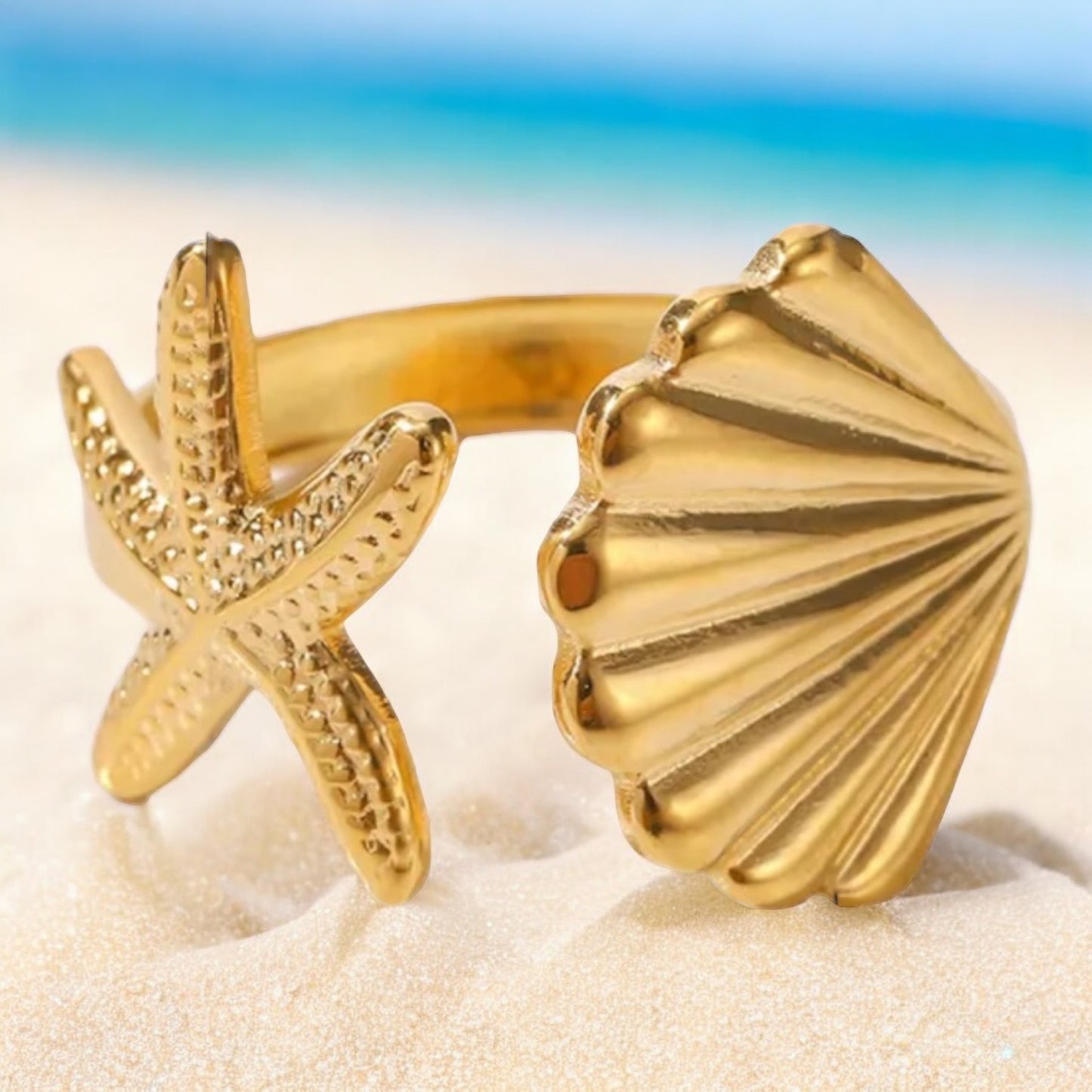 Adjustable Beach Resort Starfish and Shell Ring in Stainless Steel 18k Gold Plated