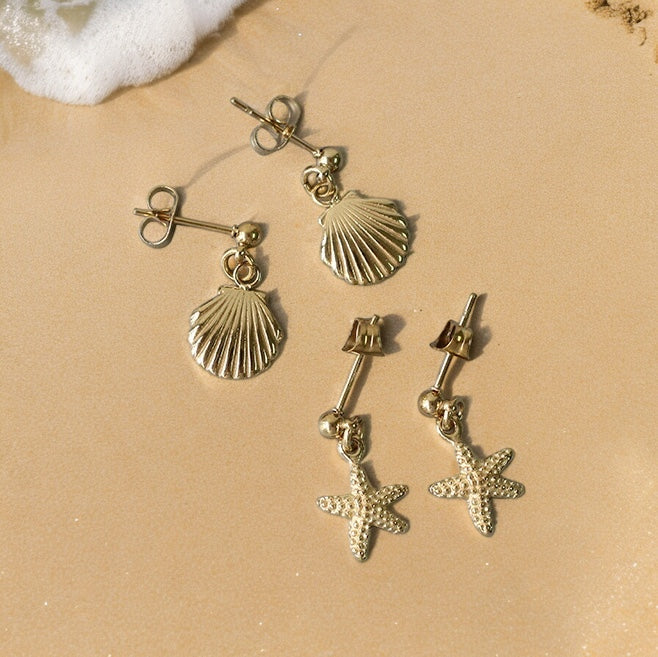 Mini Starfish and Shell Beach Resort Earrings in Stainless Steel 14k Gold Plated