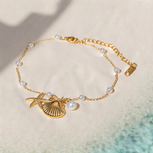 Starfish Shell Pearl Beach Resort Anklet in Stainless Steel 18K Gold Plated