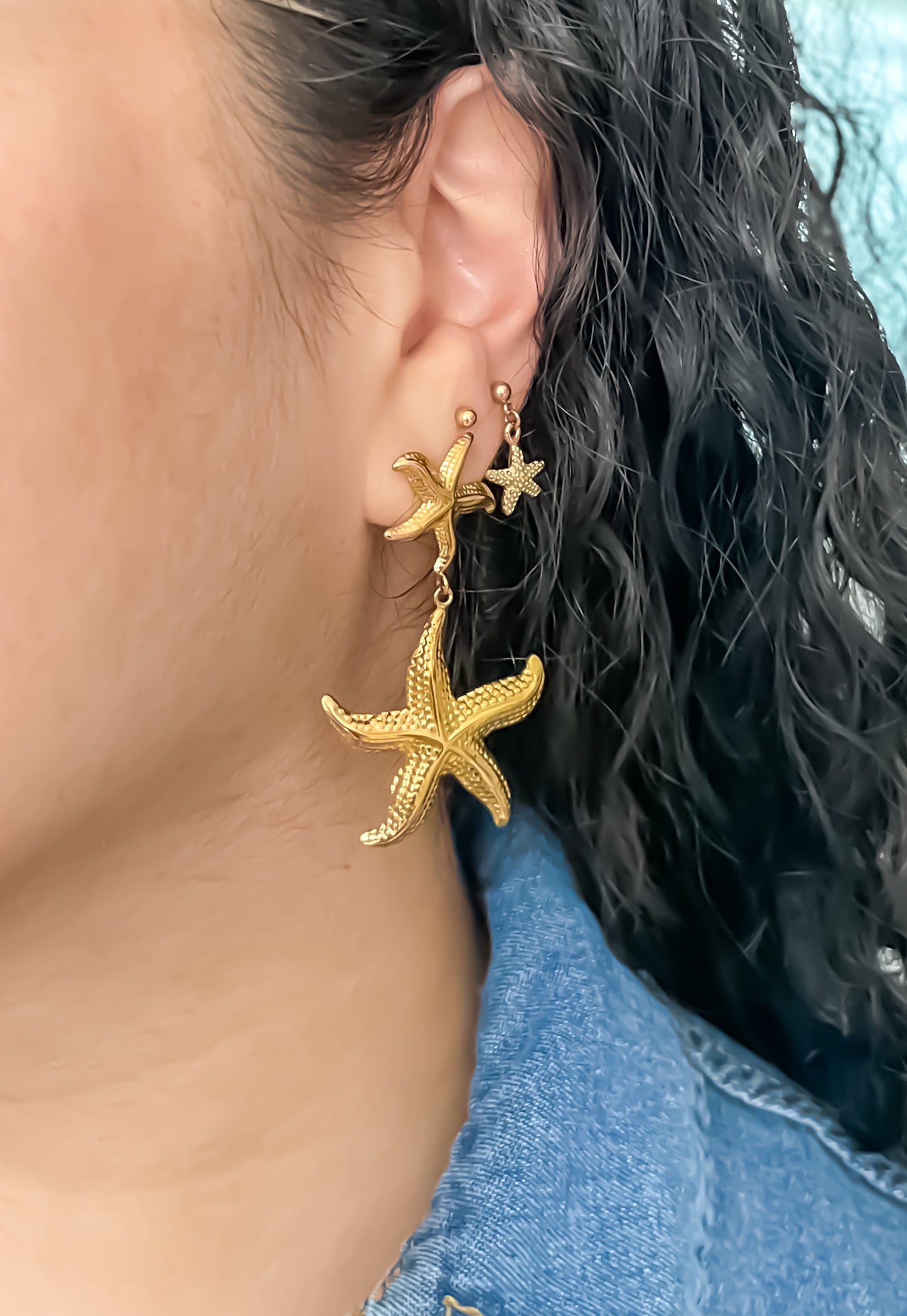 Mini Starfish and Shell Beach Resort Earrings in Stainless Steel 14k Gold Plated