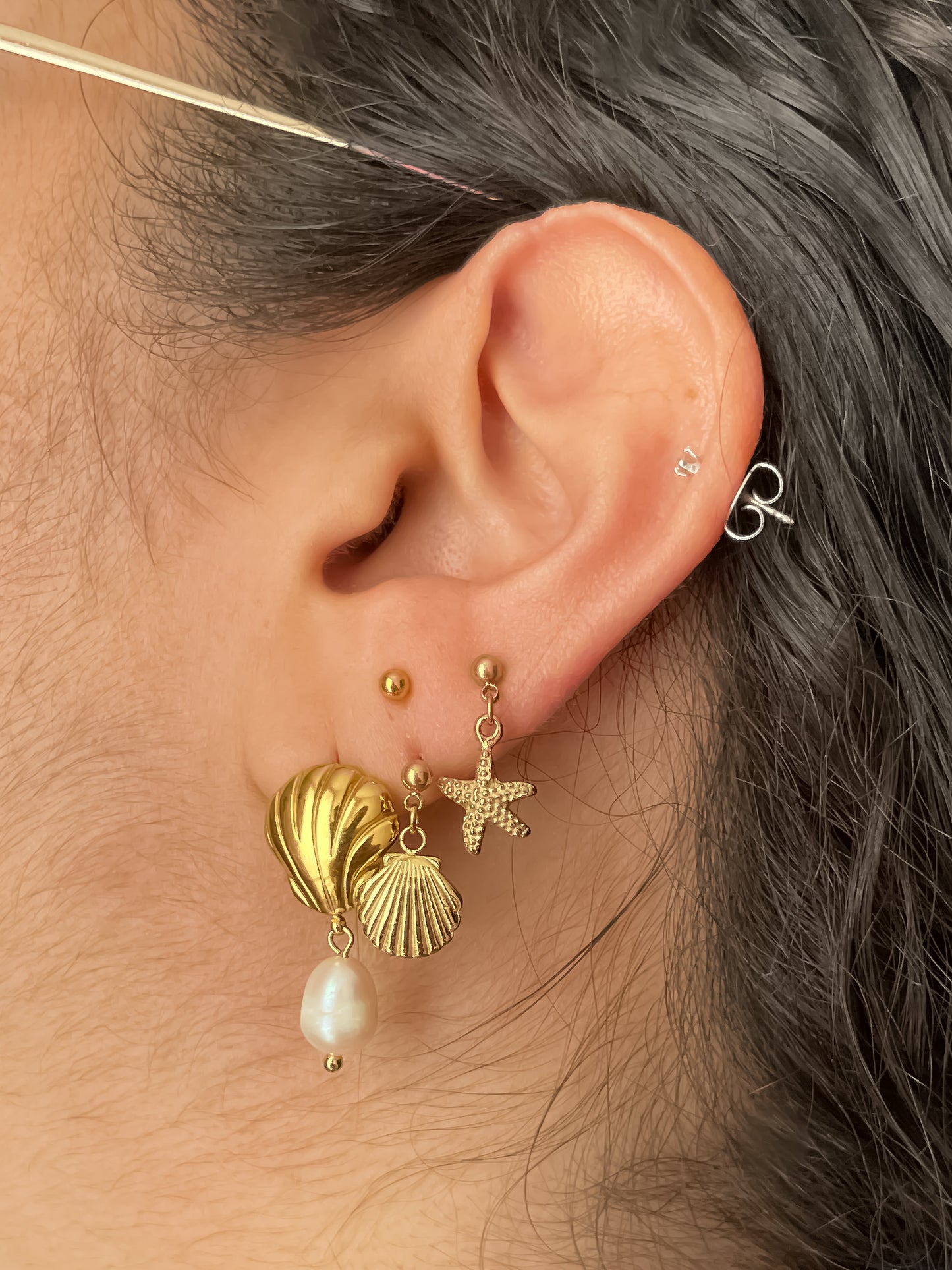 Mini Starfish and Shell Beach Resort Earrings in Stainless Steel 14k Gold Plated