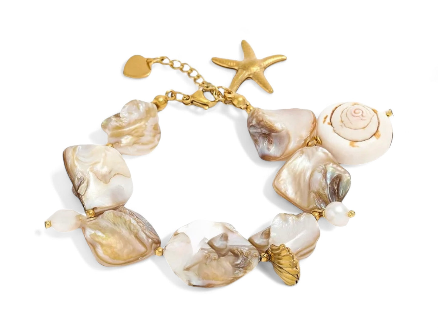 Shell Starfish Pearl Concha Beach Resort Bracelet in Stainless Steel 18k Gold Plated